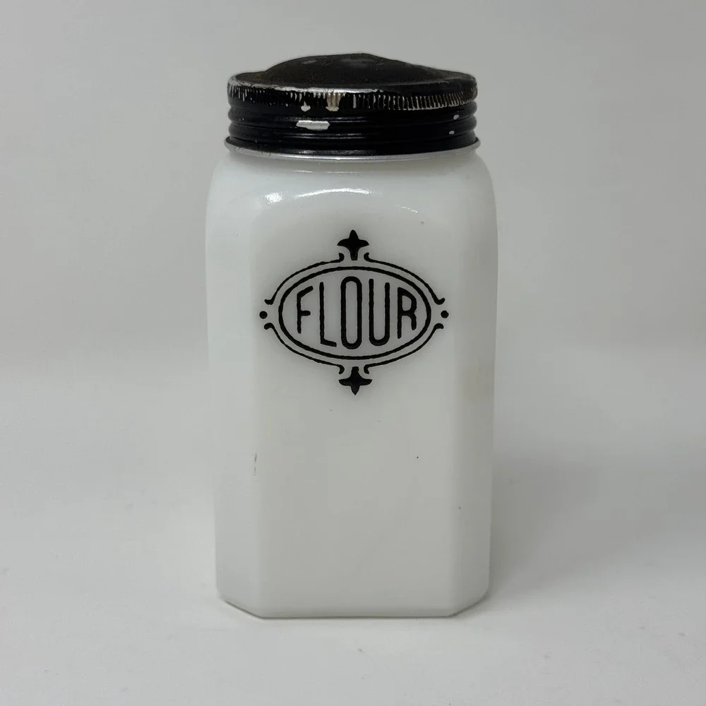 Vintage Hazel Atlas Milk Glass Flour Shaker Black Art Deco Label Metal Lid